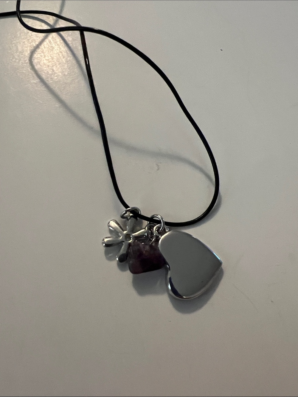 Vintage Lia Sophia Heart, Purple Stone & Flower Pendant Necklace - 8.5”